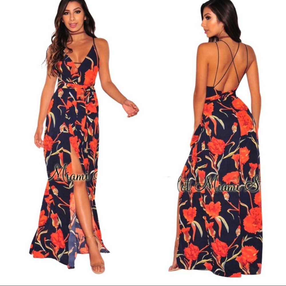 Navy blue tangerine floral jumpsuit